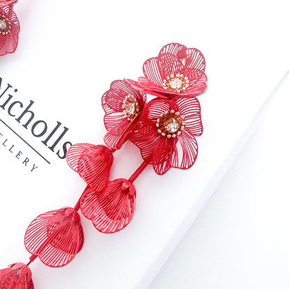 Red Flower Statement Earrings- Lightweight Waterfall Design
