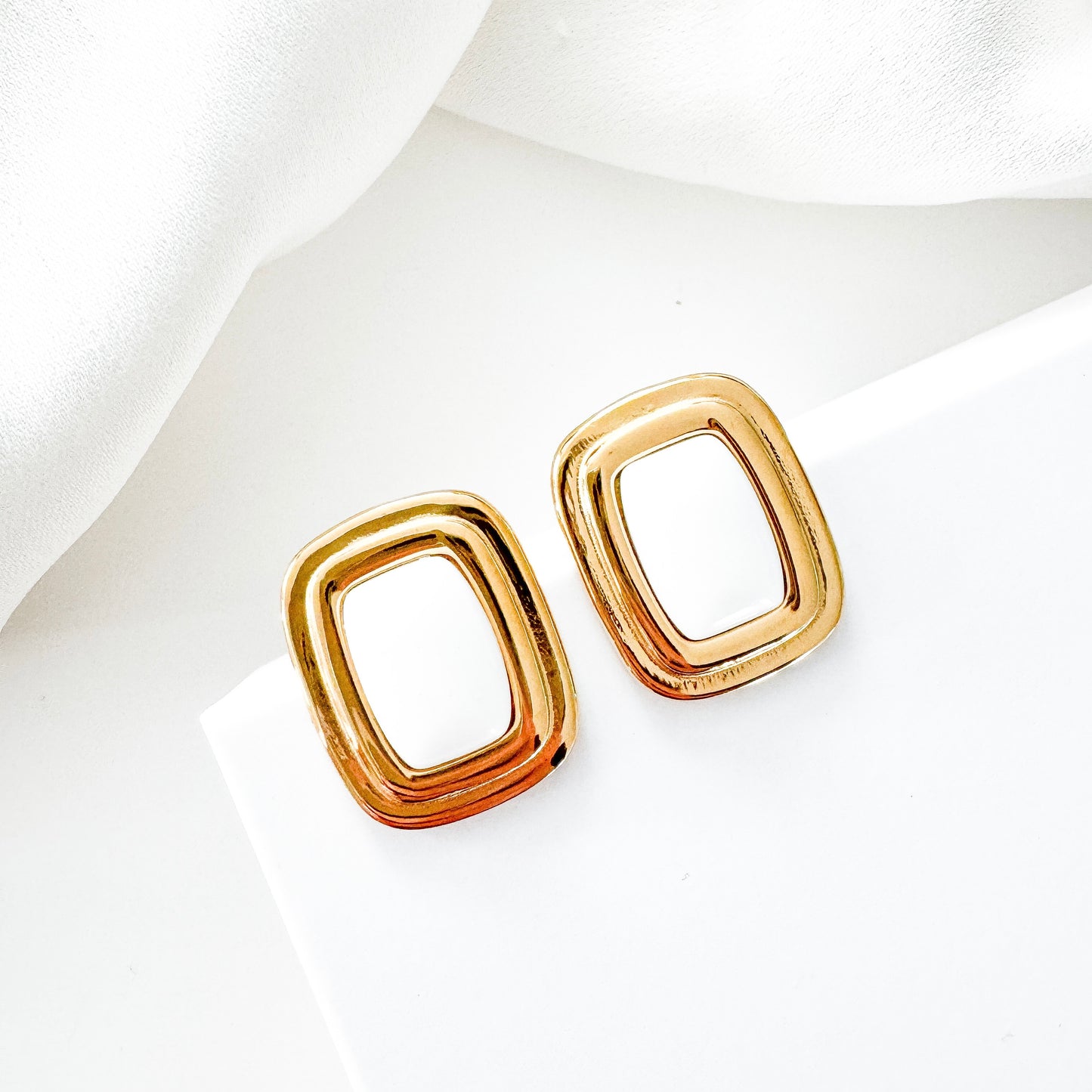 White Rectangle Gold Earrings, Waterproof, Stainless Steel Statement Earrings
