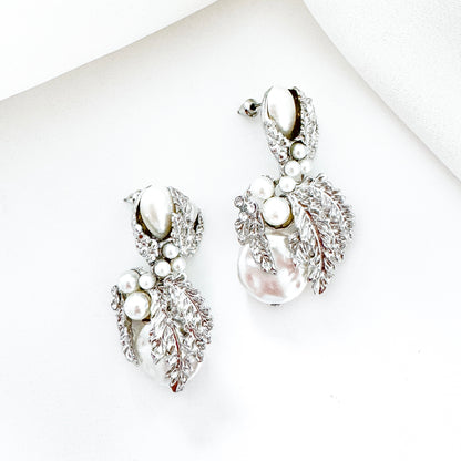 Silver Leaf & Pearl Statement Earrings | Vintage-Inspired Bridal Jewellery