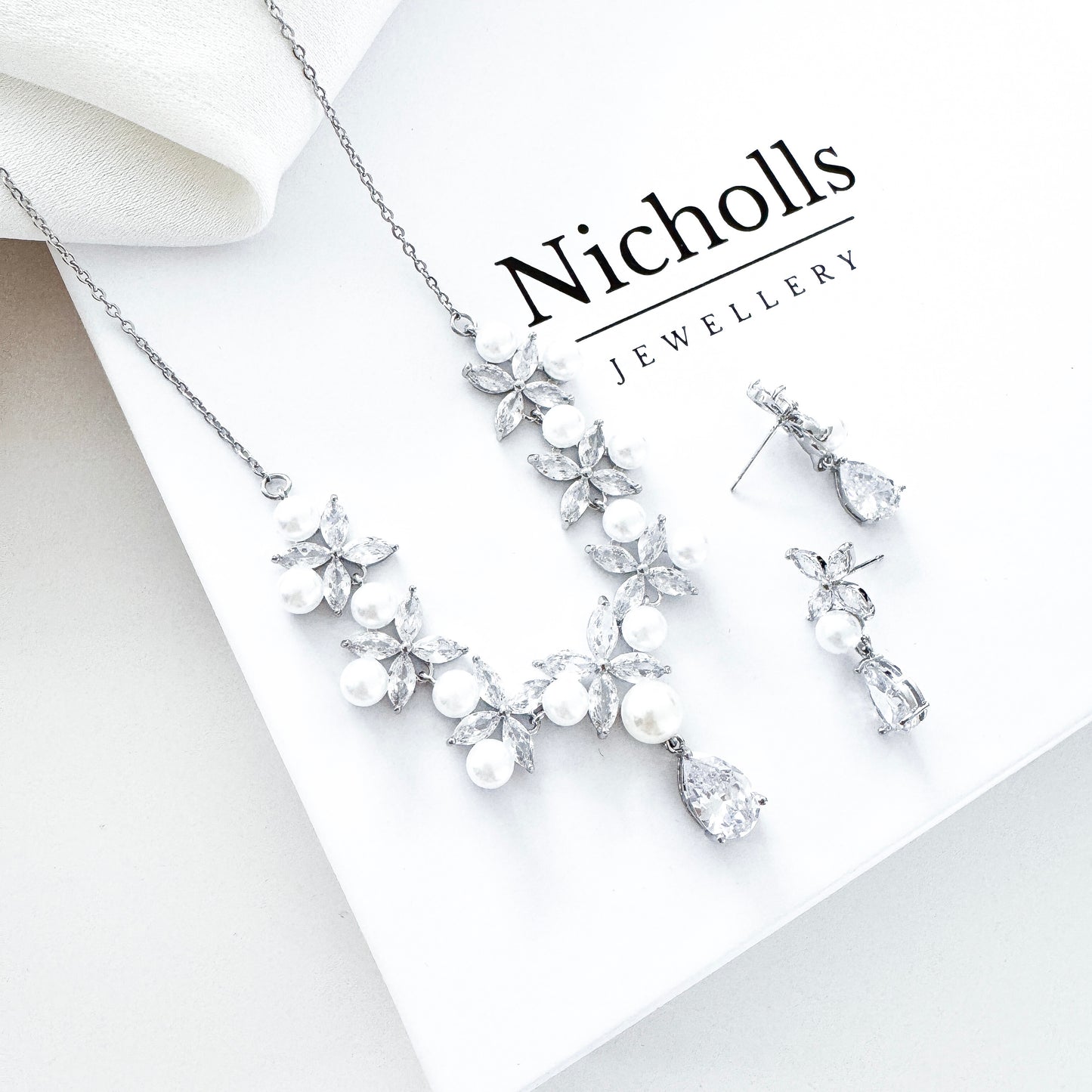 Cubic Zirconia & Pearl Bridal Necklace and Earrings Set – Romantic Wedding Jewellery