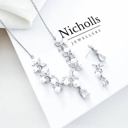 Cubic Zirconia & Pearl Bridal Necklace and Earrings Set – Romantic Wedding Jewellery