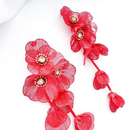 Red Flower Statement Earrings- Lightweight Waterfall Design