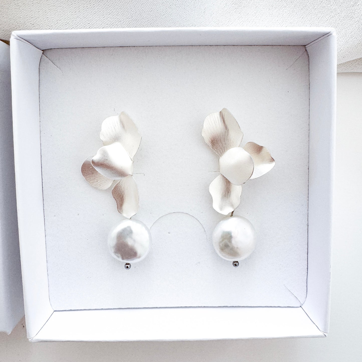 Silver Folded Flower Pearl Earrings