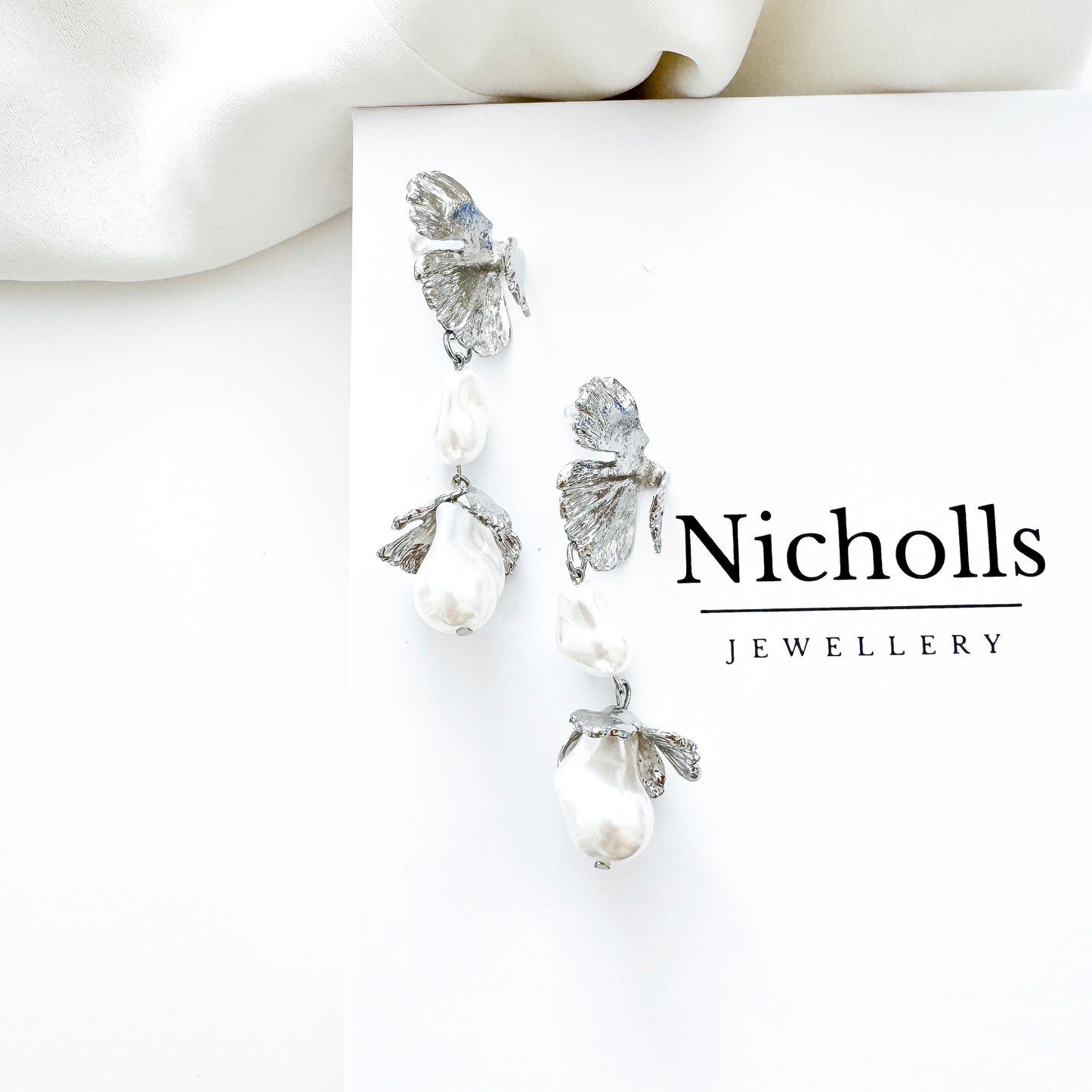 Pearl Bud Fan Silver Leaf Drop Earrings