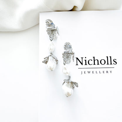 Pearl Bud Fan Silver Leaf Drop Earrings