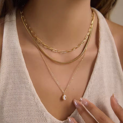 Triple Layer Waterproof Gold Necklace Snake Bone, Paper Chain and Zircon Crystal | 18k Gold PVD Stainless Steel