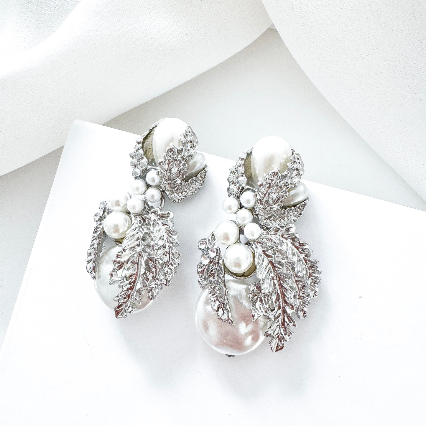 Silver Leaf & Pearl Statement Earrings | Vintage-Inspired Bridal Jewellery