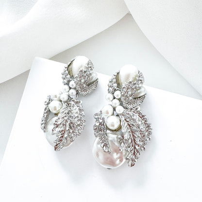 Silver Leaf & Pearl Statement Earrings | Vintage-Inspired Bridal Jewellery