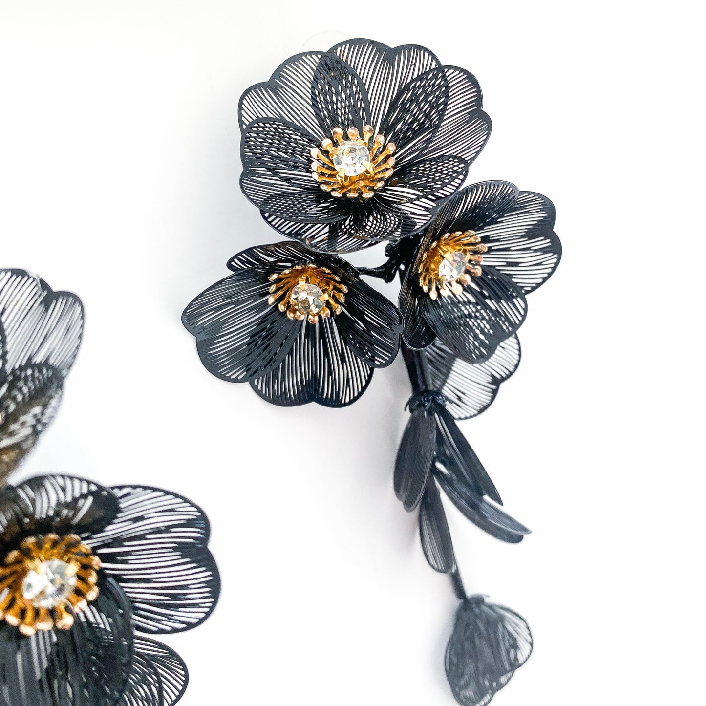 Waterfall Statement Black Flower Earrings