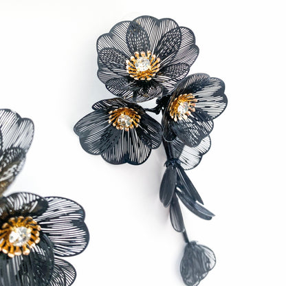 Waterfall Statement Black Flower Earrings