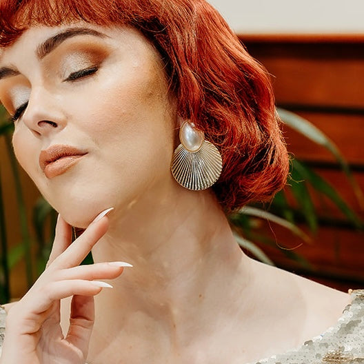 Gold Disc Fan and Pearl Earrings