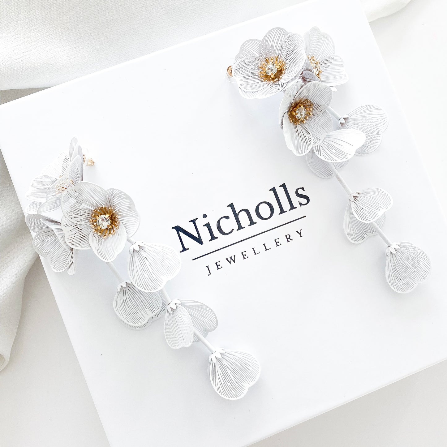 Waterfall Statement White Flower Earrings