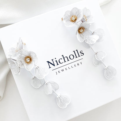 Waterfall Statement White Flower Earrings