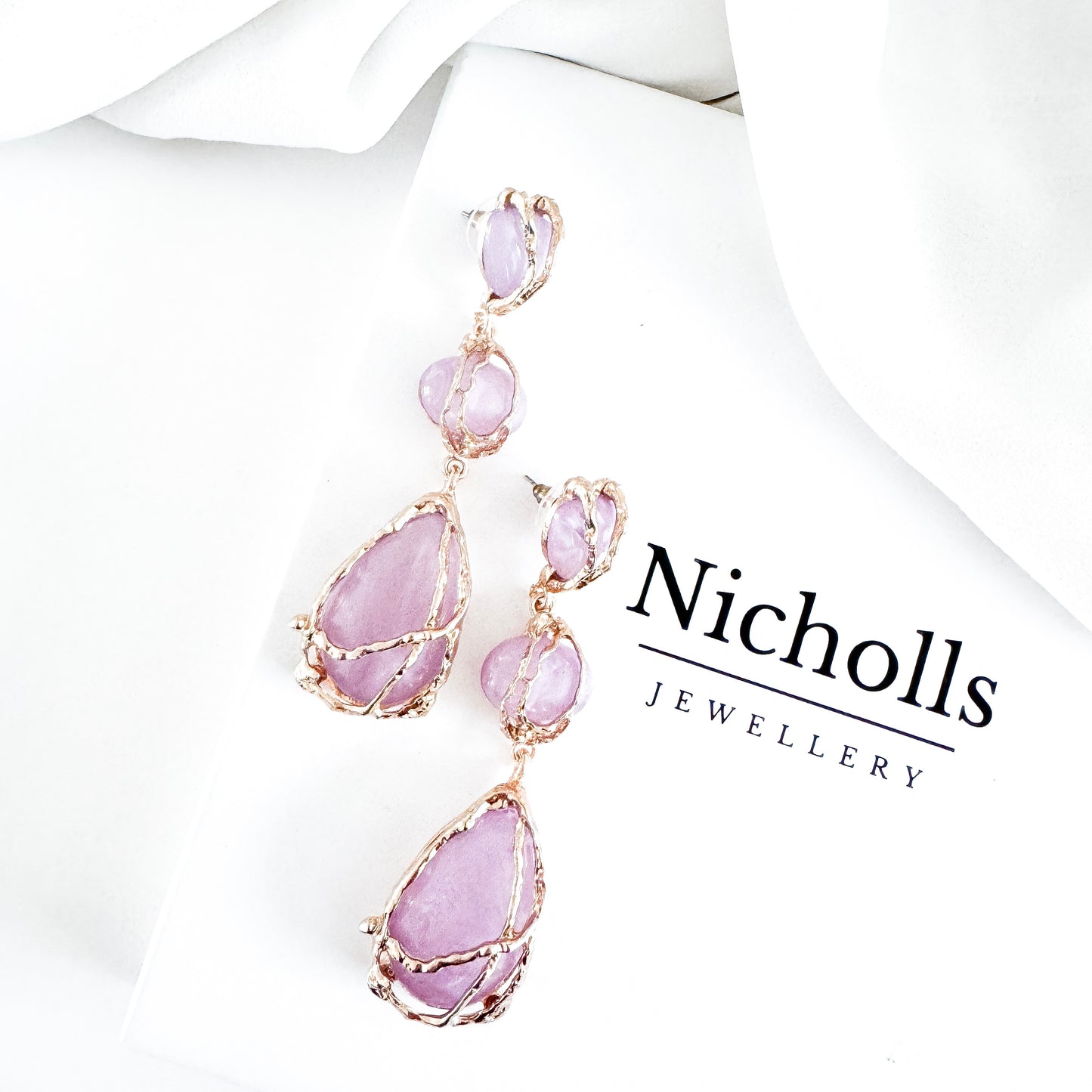 Gold Drip Light Purple Crystal Drop Earrings – Statement Party, Bridal & Summer Jewellery