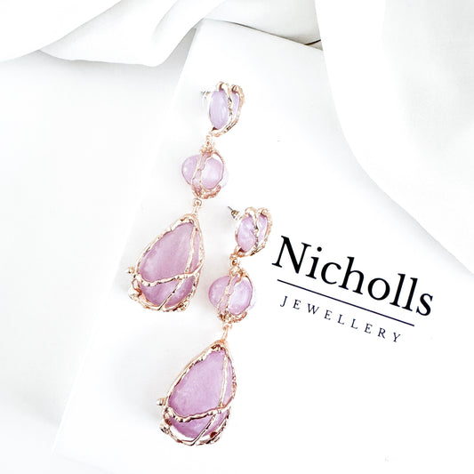 Gold Drip Light Purple Crystal Drop Earrings – Statement Party, Bridal & Summer Jewellery