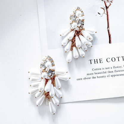 Pearl Tassel Dangle Statement Earrings with Oval Sparkle and Pearl Top Detail