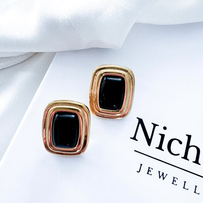 Black Rectangle Gold Earrings, Waterproof, Stainless Steel Statement Earrings