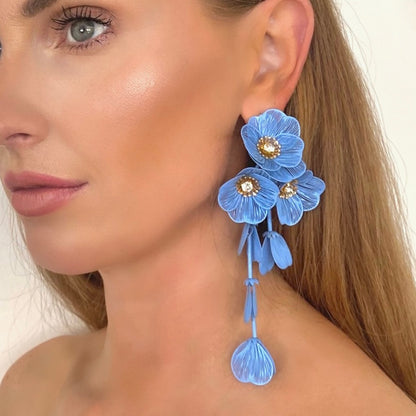 Waterfall Statement Blue Flower Earrings