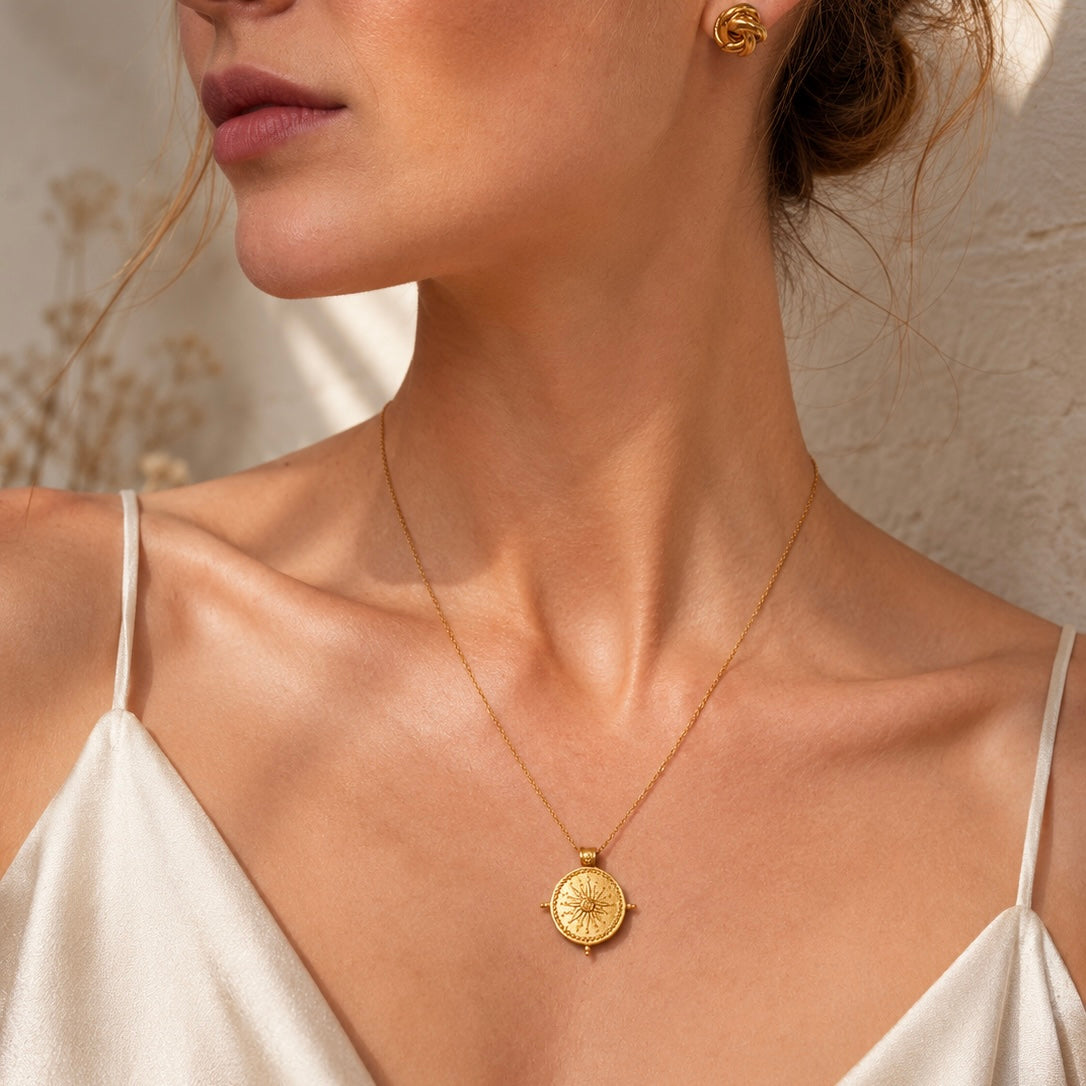 Sun Compass Pendant Necklace | Waterproof 18k Gold PVD Necklace