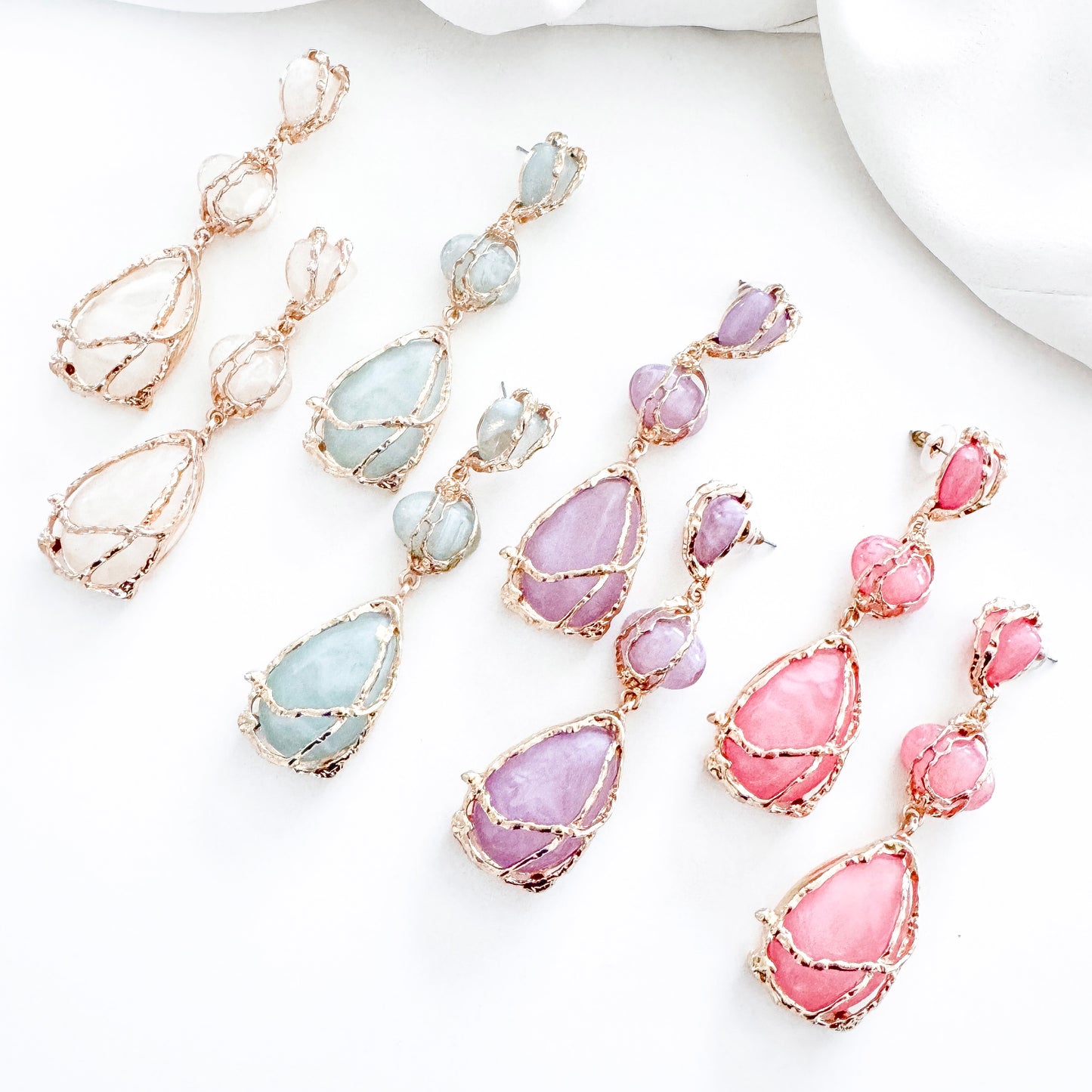 Gold Drip Bright Pink Crystal Drop Earrings – Statement Party, Bridal & Summer Jewellery