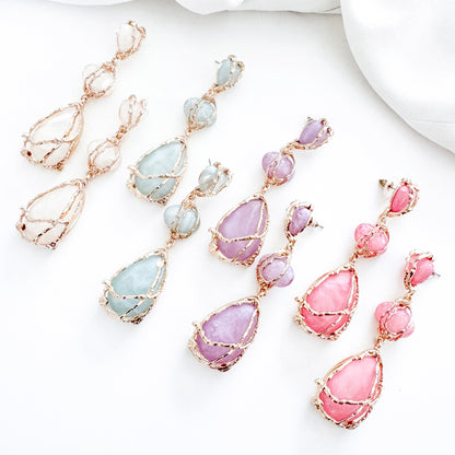 Gold Drip Bright Pink Crystal Drop Earrings – Statement Party, Bridal & Summer Jewellery