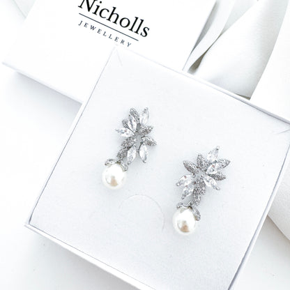 Glamourous Cubic Zirconia Crystal and Pearl Dangle Earrings