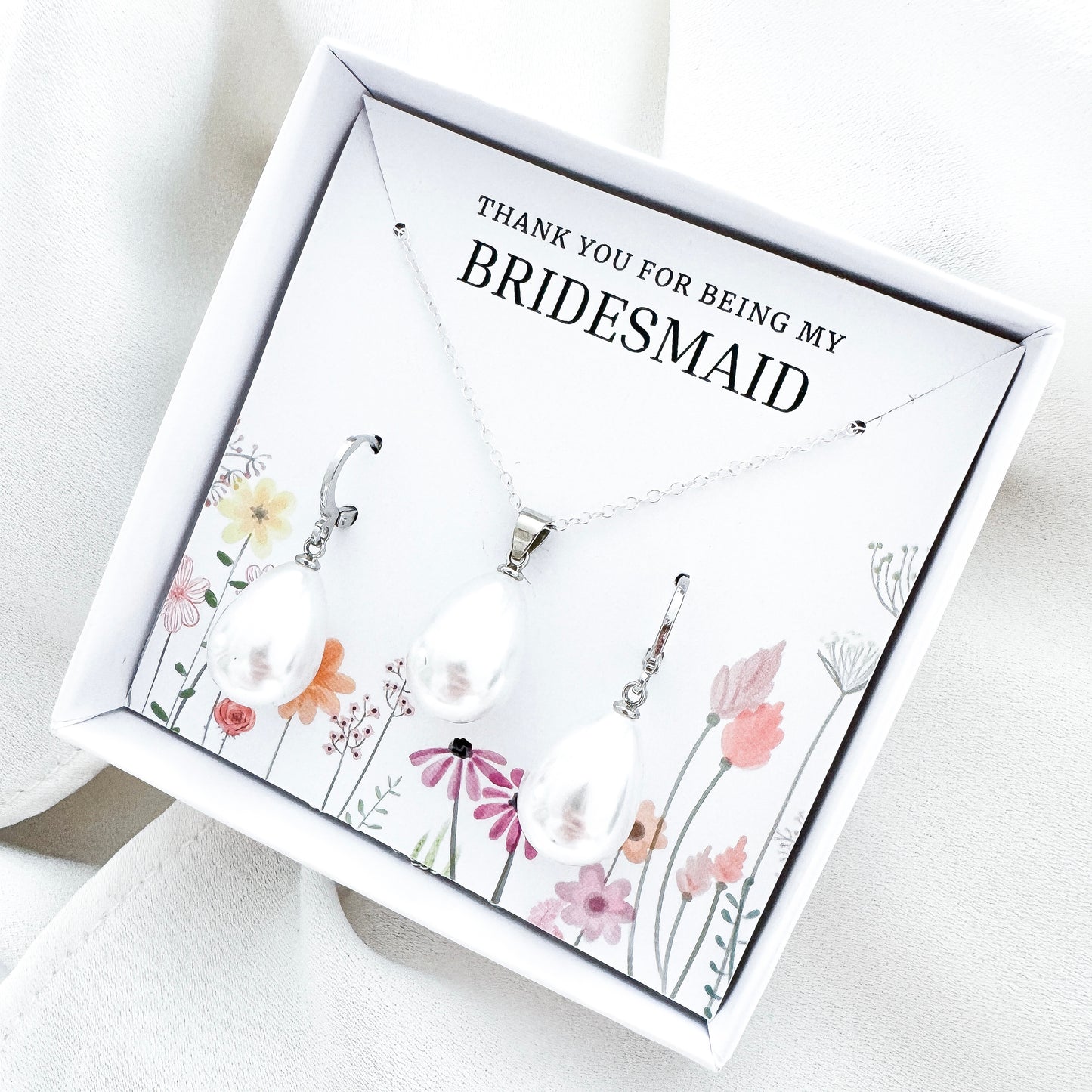 Bridesmaid Pearl Teardrop Huggie Jewellery Gift Set – Sterling Silver Pearl Necklace & Earrings