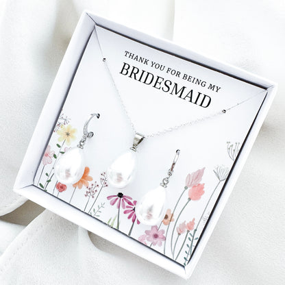 Bridesmaid Pearl Teardrop Huggie Jewellery Gift Set – Sterling Silver Pearl Necklace & Earrings
