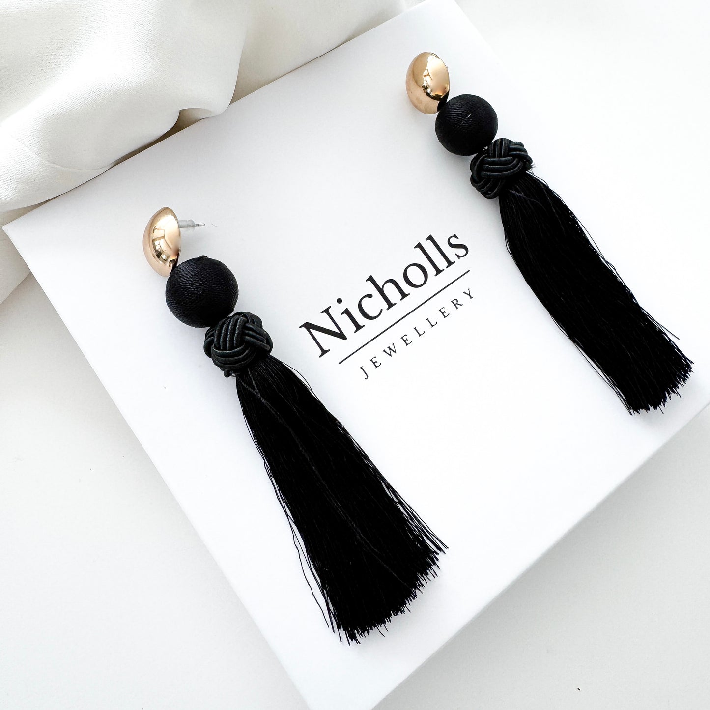 Large Black Tassel Statement Earrings – Gold & Black French Chic Evening Earrings