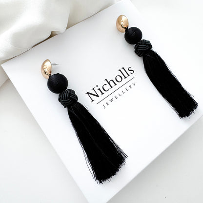Large Black Tassel Statement Earrings – Gold & Black French Chic Evening Earrings