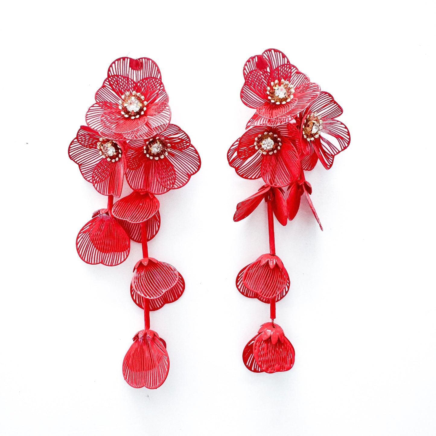 Red Flower Statement Earrings- Lightweight Waterfall Design