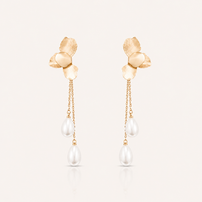 Gold Folded Flower Chain and Dainty Teardrop Pearl Earrings