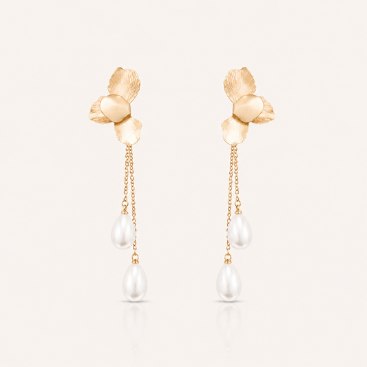 Gold Folded Flower Chain and Dainty Teardrop Pearl Earrings