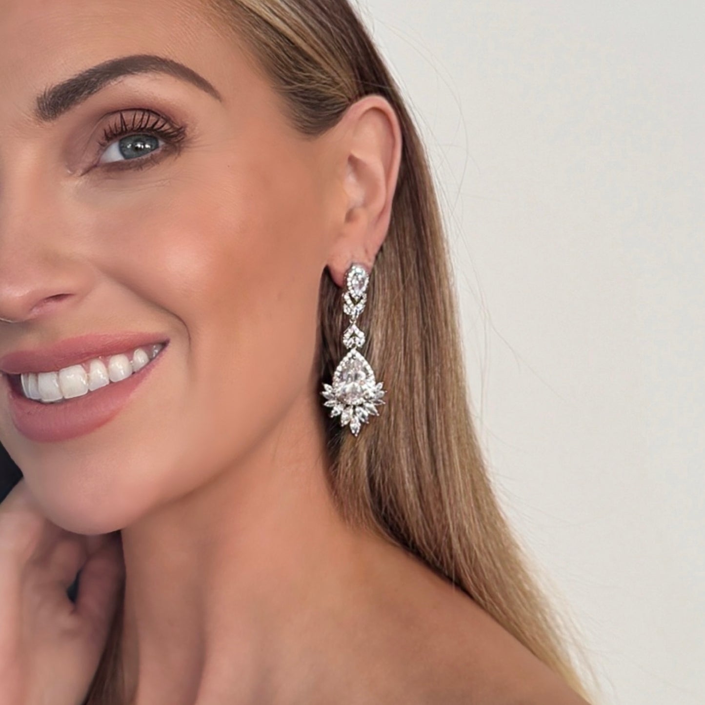 Cubic Zirconia Crystal Long Dangle Earrings with Teardrop and Diamond Shape Detail