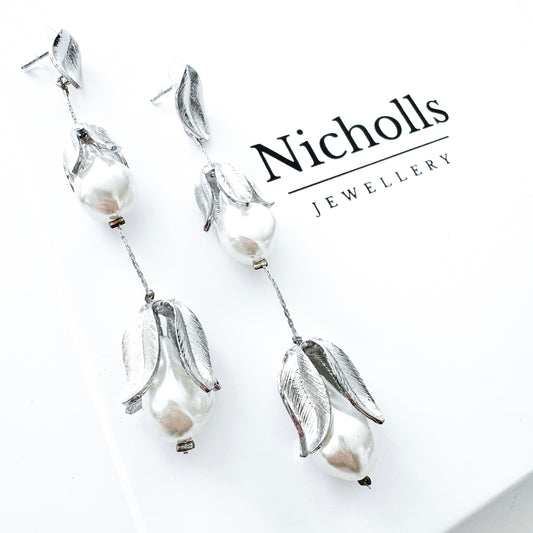 Silver Leaf and Pearl Drop Earrings - Bridal, Holiday and Party Jewellery