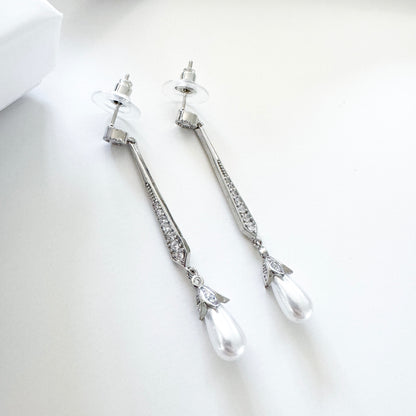 Elegant Long Crystal and Pearl Earrings