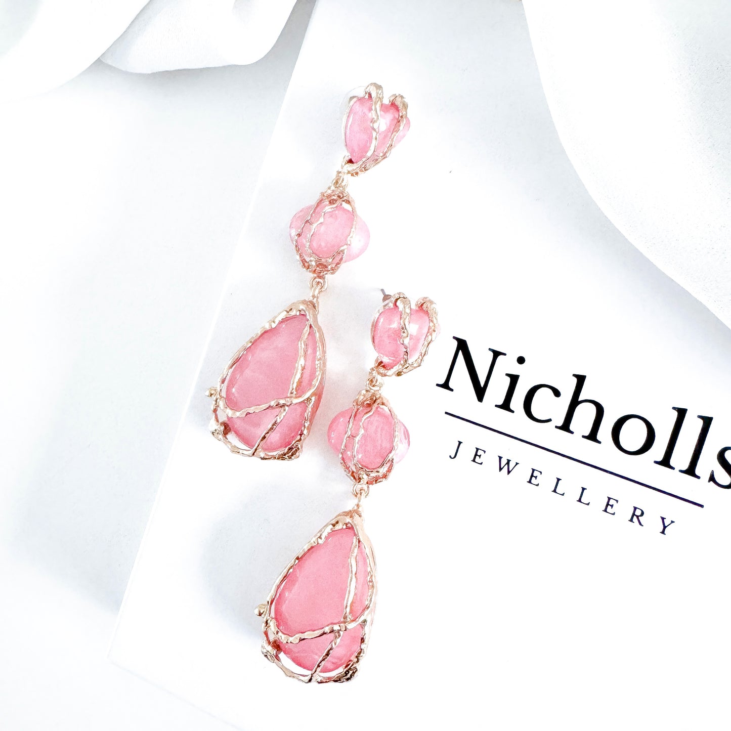Gold Drip Bright Pink Crystal Drop Earrings – Statement Party, Bridal & Summer Jewellery