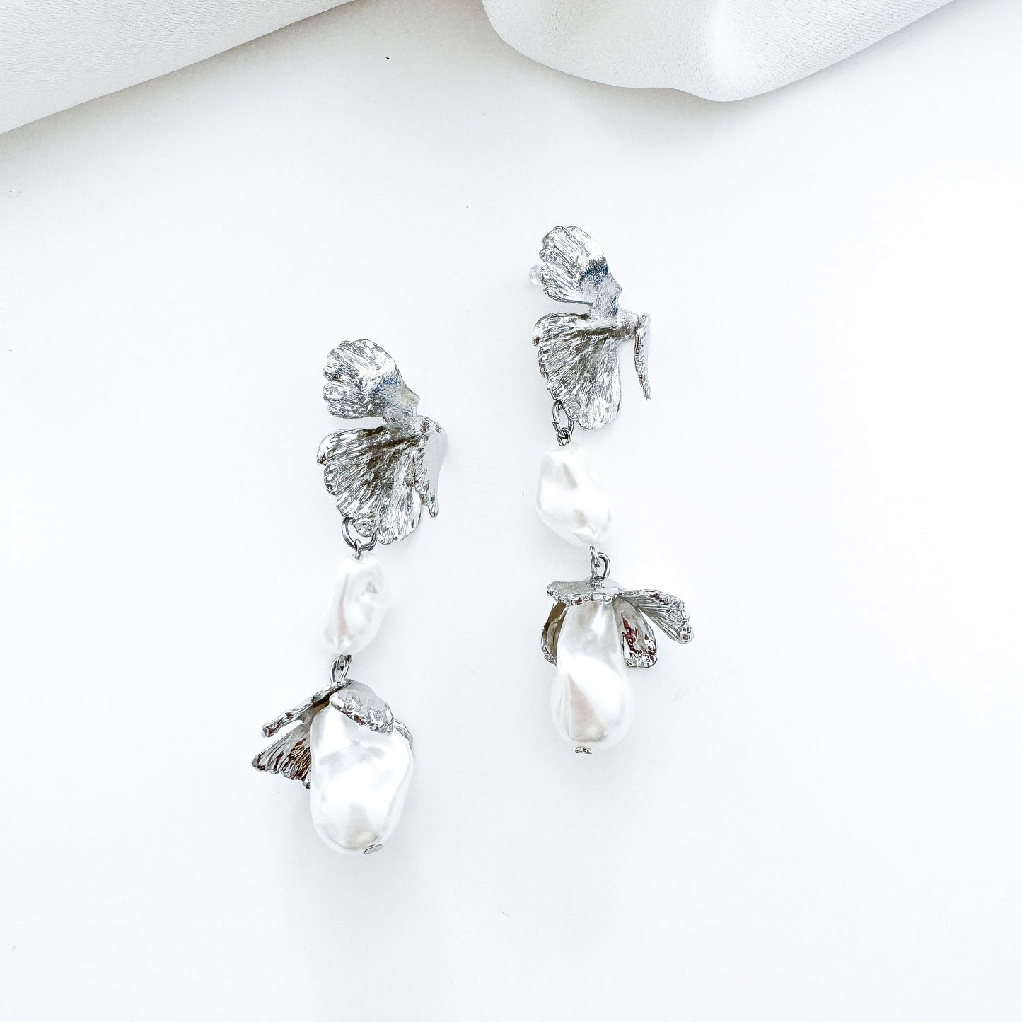 Pearl Bud Fan Silver Leaf Drop Earrings