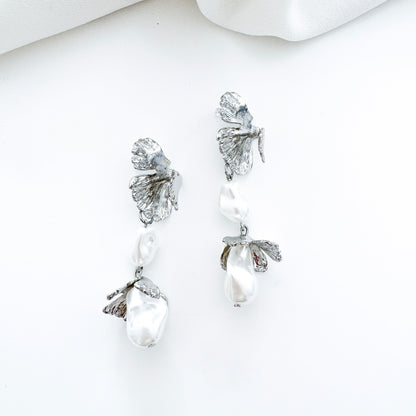 Pearl Bud Fan Silver Leaf Drop Earrings