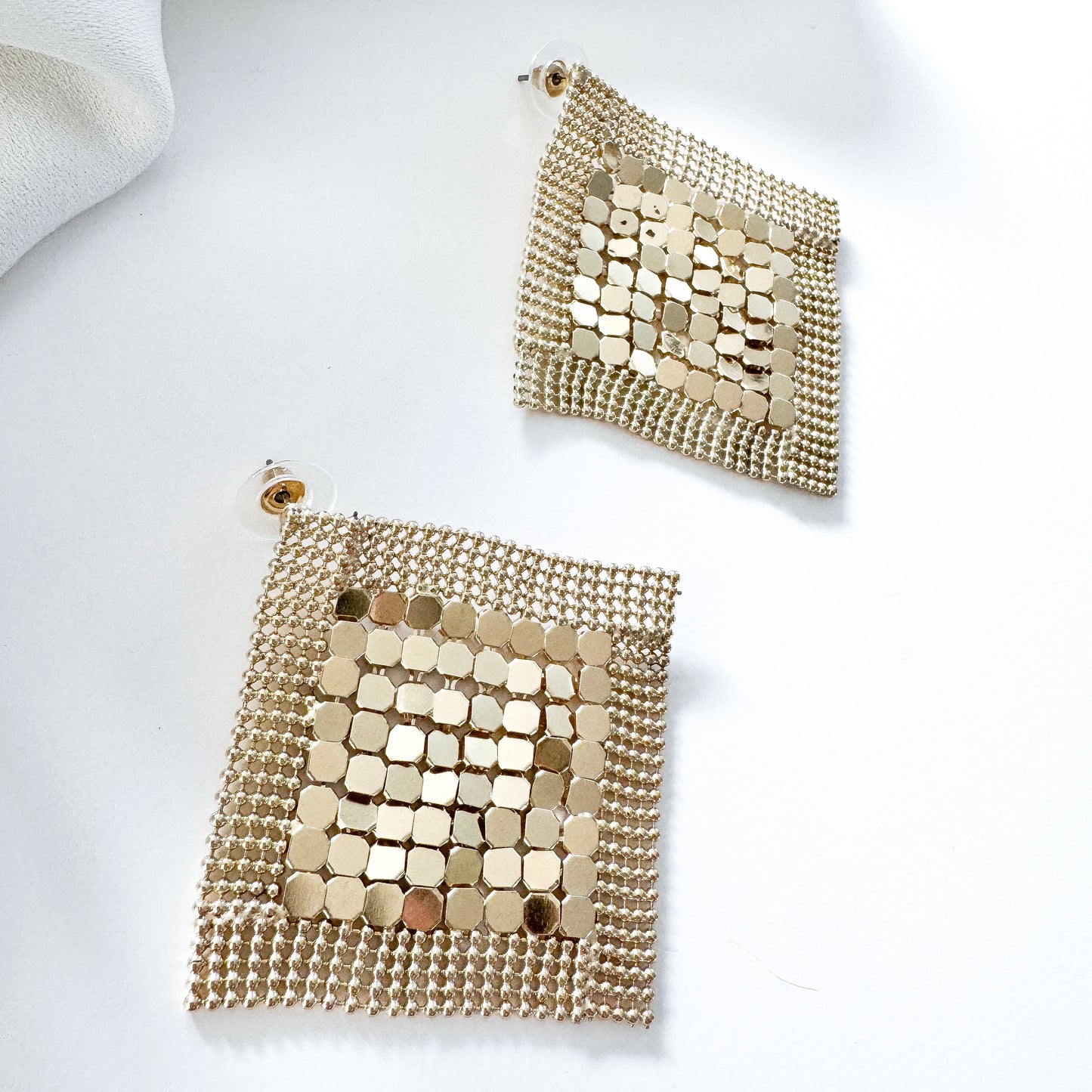 Gold Metal Sequin Square Diamond Sparkly Statement Earrings for Parties and Nights Out