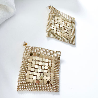 Gold Metal Sequin Square Diamond Sparkly Statement Earrings for Parties and Nights Out