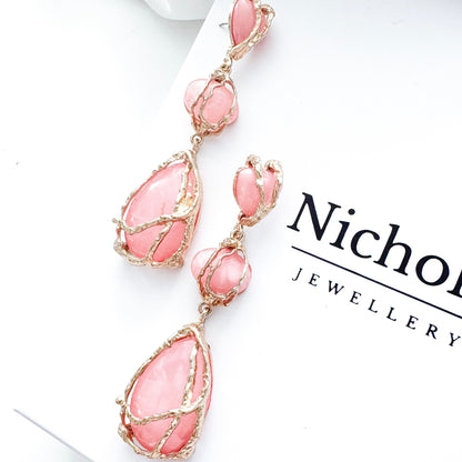 Gold Drip & Salmon Pink Crystal Drop Earrings – Statement Party, Bridal & Christmas Jewellery