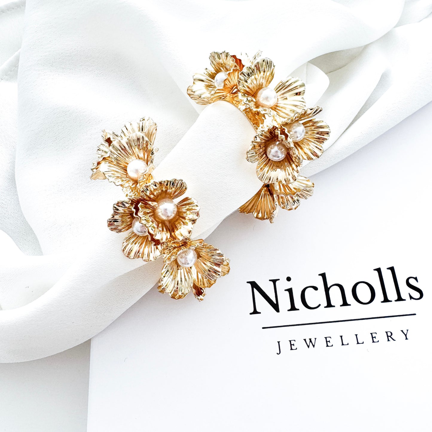 Statement Gold Flower and Pearl Centre Hoop Earrings