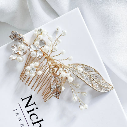 Gold Metal Rhinestone Crystal Leaf and Scatter Pearl Comb