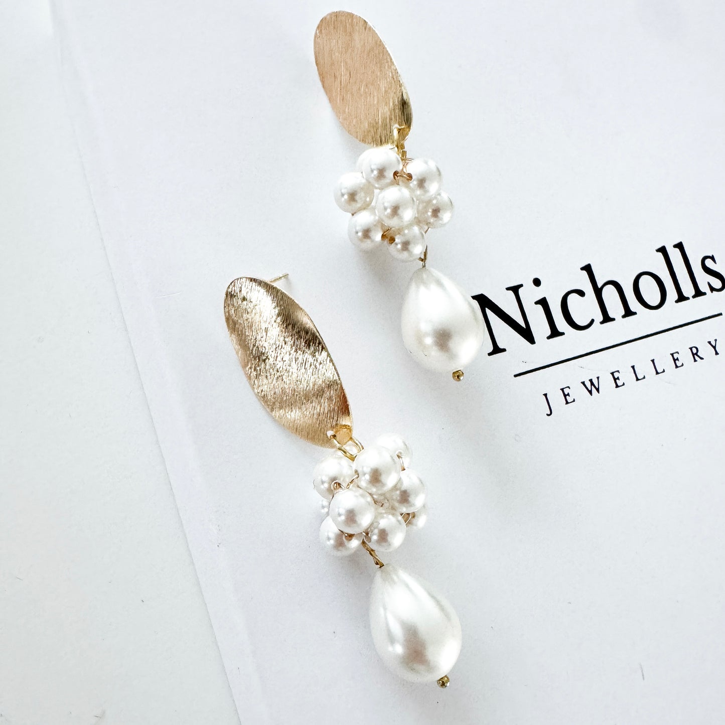 Brushed Gold Oval Cluster Ball and Chunky Pearl Statement Earrings