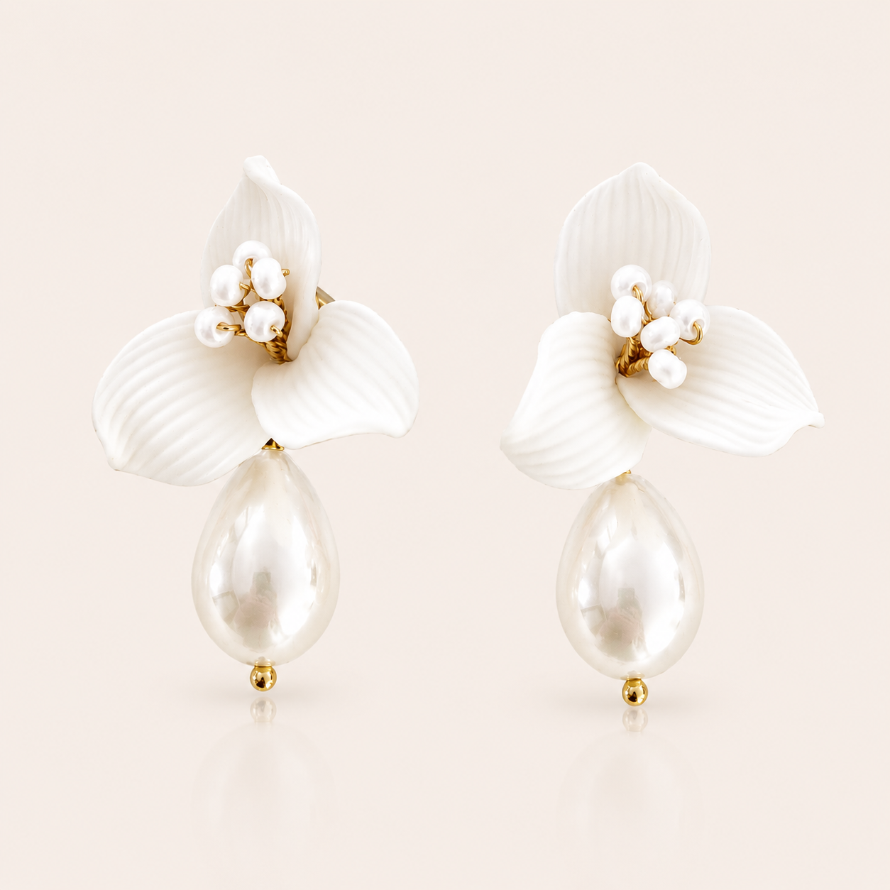 Pretty porcelain 3 petal flower and teardrop pearl earrings