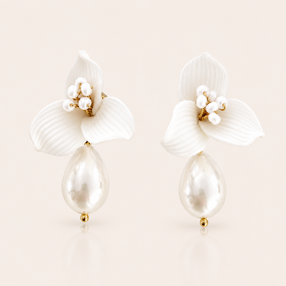 Pretty porcelain 3 petal flower and teardrop pearl earrings