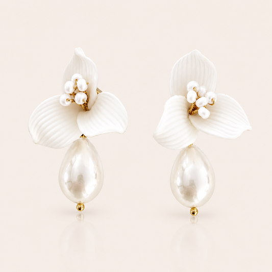 Pretty porcelain 3 petal flower and teardrop pearl earrings