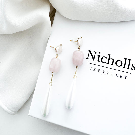 Rose Quartz & Pearl Dangle Earrings