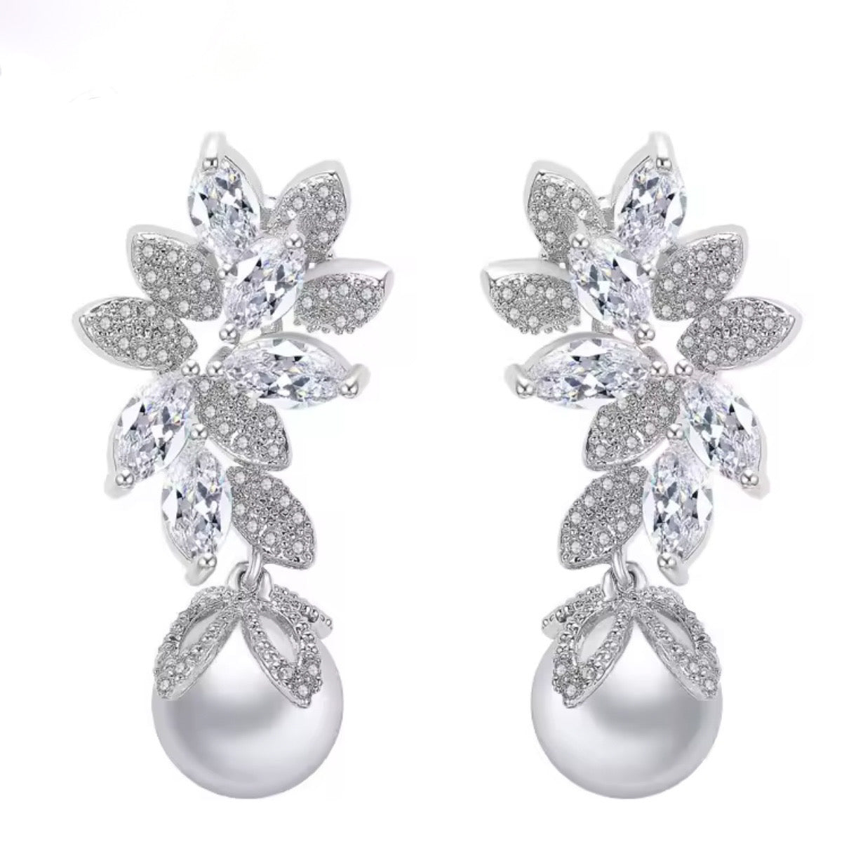Glamourous Cubic Zirconia Crystal and Pearl Dangle Earrings